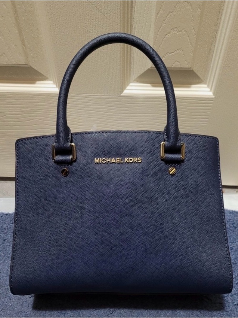 Michael Kors Navy Saffiano Satchel with Gold Hardware